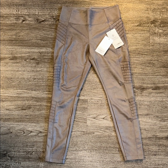 Athleta Delancey Gleam Moto Tight Leggings Taupe Shimmer Moto Panel Size M NWT